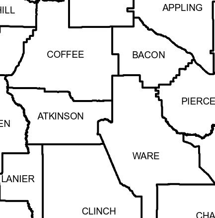Blown up map of counties in Georgia, showing Coffee and Bacon County