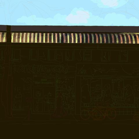 A complex outline of a children's book store with a painted blue sky with some clouds and a striped awning in alternating colours. But there are yet to be drawn trees that are casting shadows on the stripes making it so complicated to render.