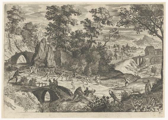 Landschap met berenjacht, anonymous, 1575 - 1603