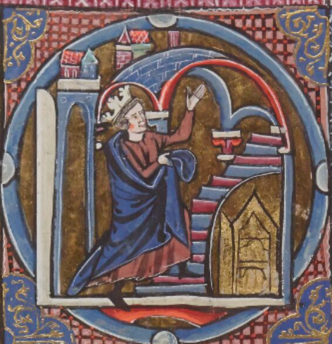 Medieval manuscript illustration of a king ascending a flight of stairs, raising his left hand and holding his cloak with his right.