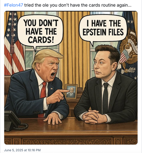 A cartoon posted on Blue Sky, with the caption: 
#Felon47 tried the ole you don't have the cards routine again...

The very artfully drawn (more like courtroom sketch than simple line) image is of a scowling-as-usual Trump in blue suit, red tie, sitting at the resolute desk next to Elon Musk, in subdued gray suit and tie, hands folded. 

Trump is pointing accusingly at Musk, and says: "YOU DON'T HAVE THE CARDS!"
Musk replies: "I HAVE THE EPSTEIN FILES"