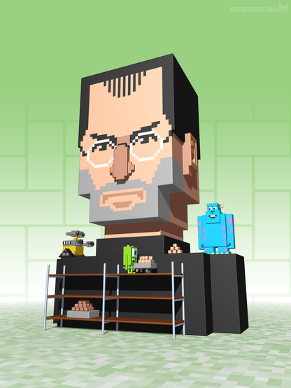 A 2010 Apple magazine cover, featuring a voxel-style Steve Jobs statue, being built by Pixar characters.