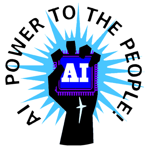 The image features a circular logo with a black background and a white border. 
At the center, there is a black fist holding a blue microchip with the letters "AI" in white. 
The microchip is surrounded by a burst of light in shades of blue and white, creating a dynamic effect. 
The text "POWER TO THE PEOPLE" is written in bold, black capital letters, encircling the image. The text "AI" is positioned on the left side of the circle, and "TO THE PEOPLE" is on the right side. 

The overall design conveys a message of empowerment through artificial intelligence.