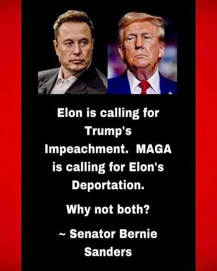 a portrait of Elon Musk (left side) and a portrait of Donald Trump (right side)

Below that is the following quote by Bernie Sanders: "Elon is calling for Trump's impeachment. MAGA is calling for Elon's deportation. Why not both?"