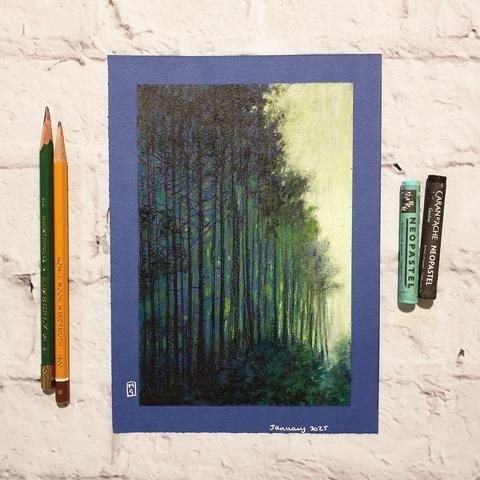 An oil pastel painting of the edge of a dark forest, tall densely planted trees in deep shade with bright golden light where the forest ends. A5 size on blue paper.
This is an original art work
Fine art oil pastel on toned pastel paper
Size A5 (21cm x 14.5cm)
Sold unframed