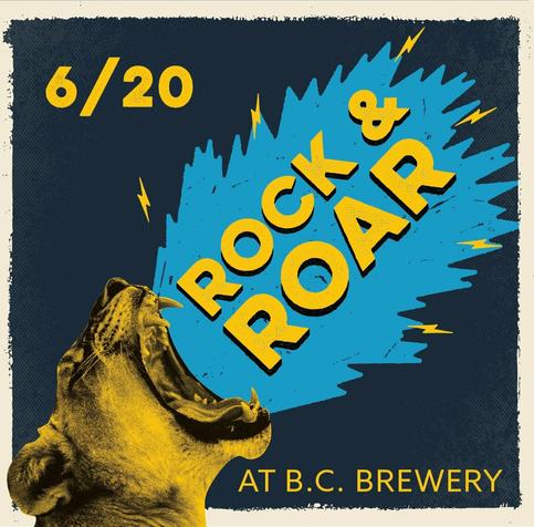 In the image, a poster for a Rock & Roar event is displayed, featuring a brown bear with its mouth wide open and a blue light emanating from it. The poster also contains text indicating that the event is happening at the B.C. Brewery. The poster is set against a dark blue background, and there is a date of 6/20 at the top. This event is an exciting gathering for fans of rock music and an opportunity to celebrate the genre at the B.C. Brewery.