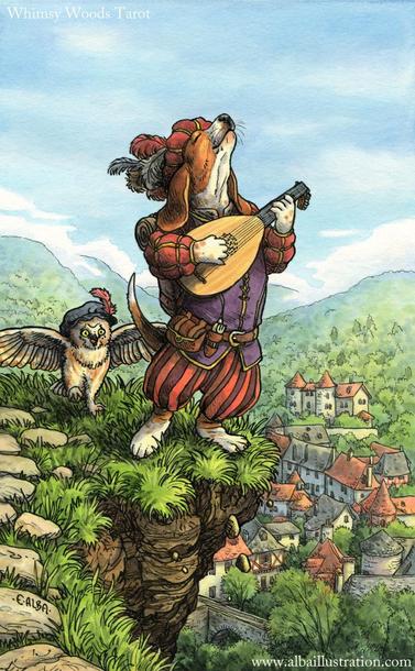 The Fool card from the upcoming Whimsy Woods Tarot. A basset hound minstrel sings on a cliff, the town below. Owl companion shouts a warning. This deck will be written by Deborah Blake.