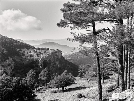 A black and white photograph of the Sierras de Cazorla, Segura y Las Villas Natural Park.