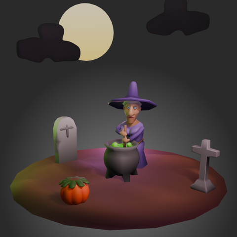 3D low poly diorama of a witch on a graveyard with a cauldron. There also are gravestones and a pumpkin.