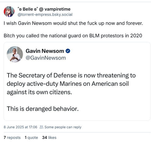 °o Belle a” @ vampiretime
@torrent-empress.bsky.social
I wish Gavin Newsom would shut the fuck up now and forever.
Bitch you called the national guard on BLM protestors in 2020
A i Gavin Newsom @
@GavinNewsom
The Secretary of Defense is now threatening to
deploy active-duty Marines on American soil
against its own citizens.
This is deranged behavior.
8 June 2025 at 17:06 &% Some people can reply
7reposts quote 34 likes