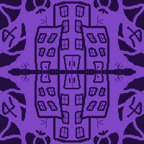 here is octo's description of her art titled "3 of cities":
a 4 color drawing in different hues of purple of three buildings in the middle of it, huddled together, mirrored horizontally. there is a pair of weeds growing by the corner of the buildings.

the border has some solid shapes that remind of a cactus, horns, a sphere.

there might be part of the jerdehl, not at all hidden in it.