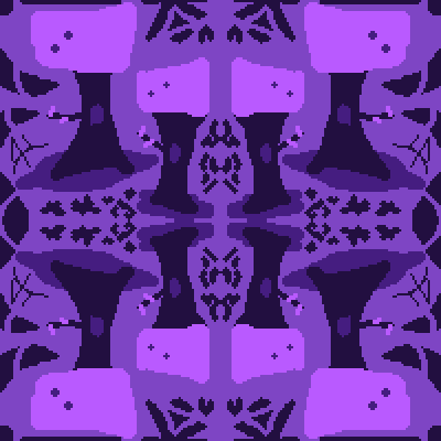 here is octo's description of her art titled "4 of woods":
"4 color drawing in different hues of purple of four trees mirrored horizontally. they each have a branch with two branches, a hole on the trunk and two fruits on the leaves.

the border has some solid shapes that remind of horns, a sphere, a flower and a heart.

there are some abstract shapes in between the trees.

there might be the jerdehl sigil, not at all hidden in it."