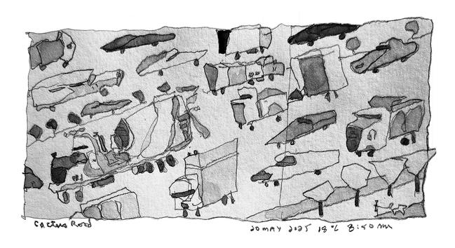 Pencil drawing, shaded with grey showing morning commuter traffic on a busy Phoenix road. A medium-sized dog and an old man are in the foreground. The cars were drawn pointed, the trucks, blunt.