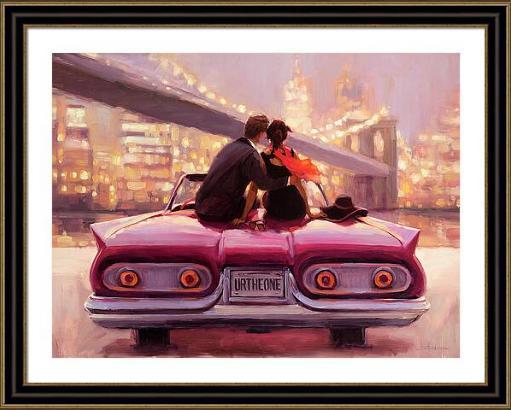 Framed print of an original oil painting depicting a couple sitting and hugging atop a red convertible.