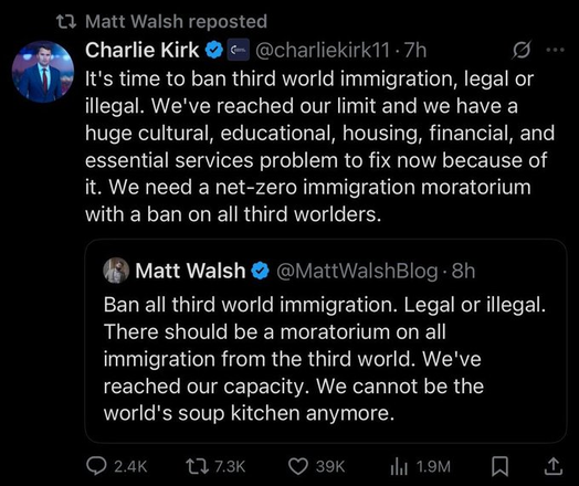The image features a Twitter post shared by Matt Walsh, showing a repost from Charlie Kirk. The content discusses a call to ban immigration from "third world" countries, citing issues related to cultural, educational, housing, and financial problems. Both tweets advocate…
