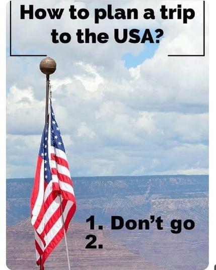 Photo of the stars & strips flag with text saying "How to plan a trip to the USA?

1. Don't
2. "