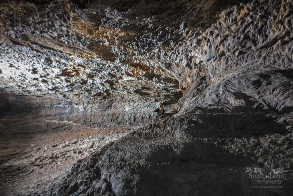 In the middle a small 6" stuffed bat sits on some lava rock. Every section of the photo has different textures left on the passage from how the lava was flowing, dripping, and moving. The ceiling kinda looks like stucco, and has grays and oranges and reds. The right wall high up looks like neurons creating a maze of paths. Mid right wall has circular lines. The floor almost looks like sand in texture and color, but it's not, it's hard as well, rock!