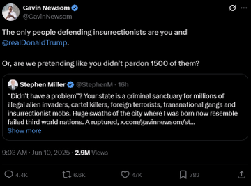 A screenshot of a Twitter exchange, featuring a comment by Gavin Newsom responding to Stephen Miller. Newsom criticizes the defense of insurrectionists and references pardons, while Miller discusses crime and immigration in relation to California. The tweet includes engagement metrics…