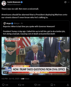 A Twitter post by Gavin Newsom featuring a quote regarding President Trump, accompanied by a screenshot of a news segment displaying Trump in the Oval Office, flanked by advisors, including flags in the background. The tweet expresses concern over communication with the President.