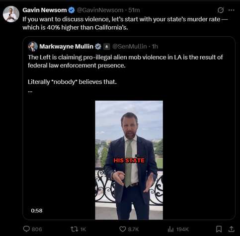 The image shows a tweet thread featuring two political figures. The first tweet is from Gavin Newsom, discussing murder rates, while the second tweet is from Markwayne Mullin, addressing claims about violence related to illegal immigration. A video thumbnail of Mullin…