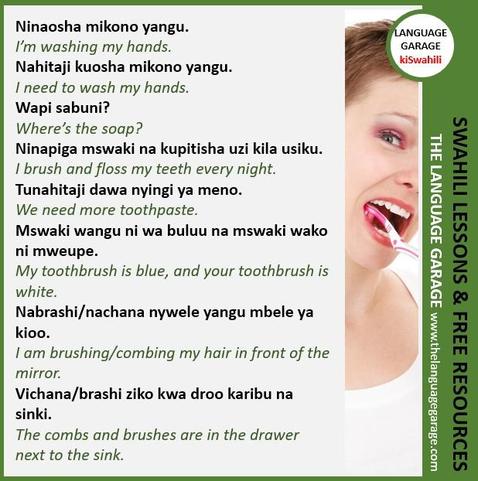 Swahili vocabulary for the bathroom, image of a woman brushing her teeth