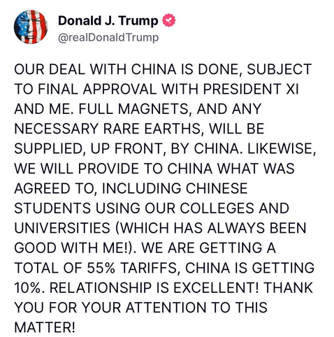 A tweet from Donald J. Trump discussing a deal with China, outlining terms related to magnets, rare earths, tariffs, and the exchange of Chinese students in U.S. colleges and universities. The message emphasizes the positive nature of the relationship.