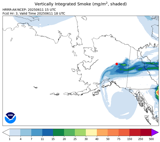 Vertically integrated smoke density from the NWS HRRR Smoke model for Alaska and vicinity valid at 10am AKDT Wednesday June 11, 2025.