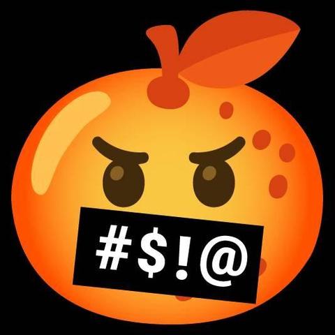 A cartoon or "sticker" of an orange with an orange stem & leaf.  The graphic is from Emoji Kitchen on Android via Google Keyboard or GBoard, and is generated with the emojis 🍊 and 🖕.  The orange has slightly exaggerated eyes/eyebrows in black that seem to be scowling.  There's no nose; in place of a mouth is a black strip, slightly off vertical, that contains the punctuation "#$!@" in white.  In other words, the orange is cursing, & somewhat censored by having the black strip, tape, or stripe stuck over its mouth.  The message is still conveyed by the string of punctuation.   🖕🍊