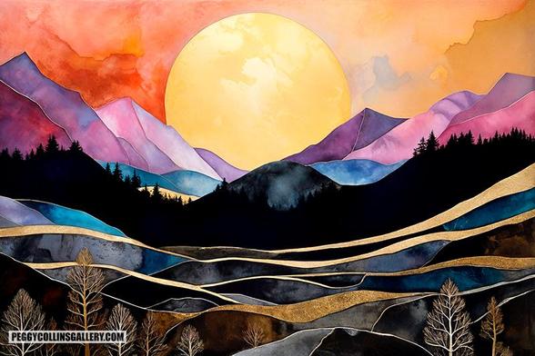 Artwork of a landscape featuring a sunrise over mountains, by artist Peggy Collins.