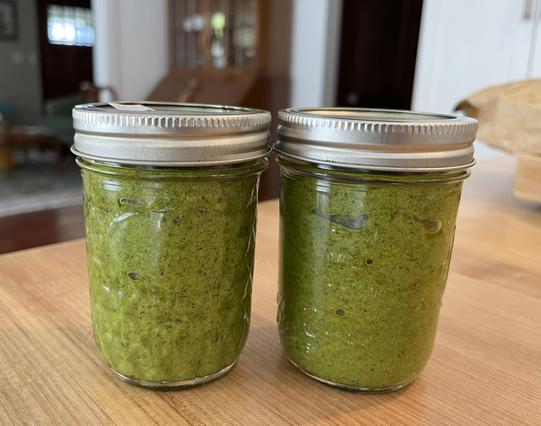 Two pints of pesto made from basil. I've been using the same Moosewood Cookbook recipe since 1982.