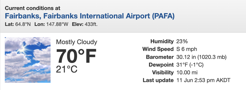 Screenshot showing the 3pm AKDT June 11 weather conditions at Fairbanks Airport, including the temperature of 70F.