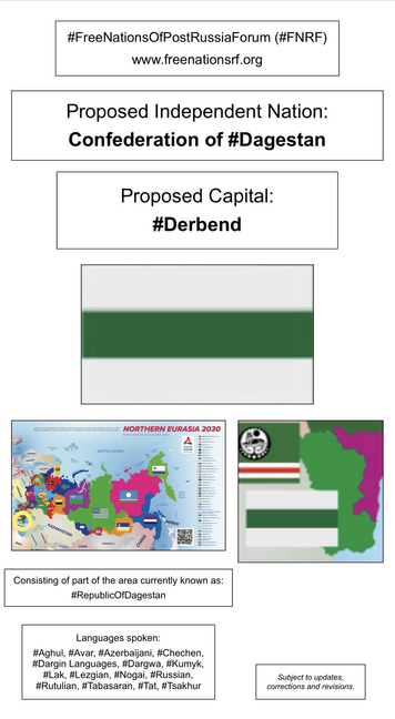 Information, flag, and maps showing proposed independent nation of The Confederation of Dagestan (from the website of the Free Nations of Post-Russia Forum).