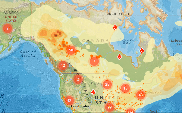 Map of Canadian wildfire smoke reaching from Alaska as far as southern states and east out over the Atlantic Ocean. The west coast is mostly clear and some western states as well.