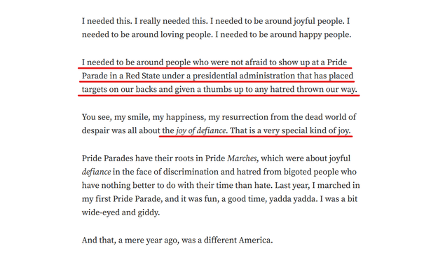 Text from article:
I needed this. I really needed this. I needed to be around joyful people. I needed to be around loving people. I needed to be around happy people.

I needed to be around people who were not afraid to show up at a Pride Parade in a Red State under a presidential administration that has placed targets on our backs and given a thumbs up to any hatred thrown our way.

You see, my smile, my happiness, my resurrection from the dead world of despair was all about the joy of defiance. That is a very special kind of joy.

Pride Parades have their roots in Pride Marches, which were about joyful defiance in the face of discrimination and hatred from bigoted people who have nothing better to do with their time than hate. Last year, I marched in my first Pride Parade, and it was fun, a good time, yadda yadda. I was a bit wide-eyed and giddy.

And that, a mere year ago, was a different America.