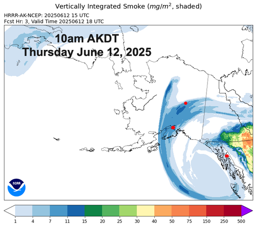 Map centered on Alaska showing forecast total smoke in the atmosphere at 10am AKDT Thursday June 12, 2025.