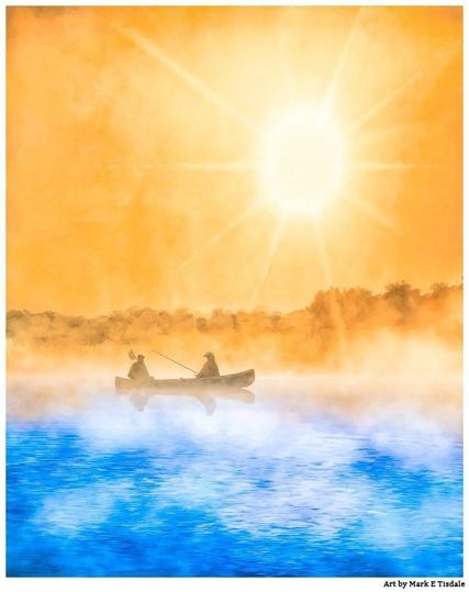 Digital art showing a fishing boat on the water in the misty morning. The water is blue and the the sky is golden.