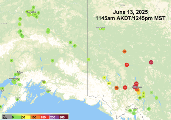 Map plotting Air Quality index from PurpleAir sensors in the Yukon and Alaska about Friday 1145am AKDT/1245pm MST. Air quality worst in the Whitehorse, YT area.