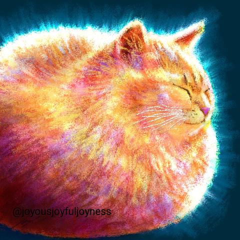 Painting of a ridiculously round orange cat in loaf form and glowing. The artist's signature and @joyousjoyfuljoyness watermark are at the bottom left.