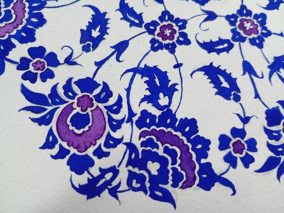 Detail of a swirling biomorphic pattern of stems and leaves and flowers in ultramarine, with details picked out in purple. The purple bits have a darker purple outline defining them.