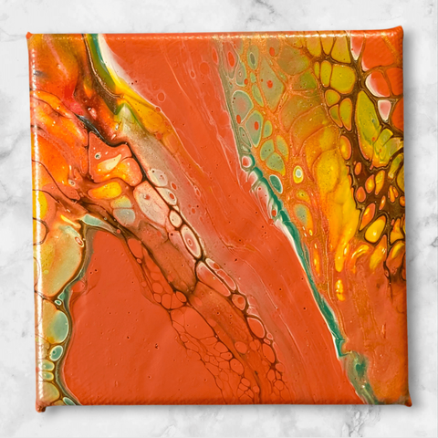 A Shelee bloom swipe fluid art piece: the base is a darker orange, the main colors are shades of green and yellow with a hint of pink and cream, and the cell activators are gold over a rich dark brown.