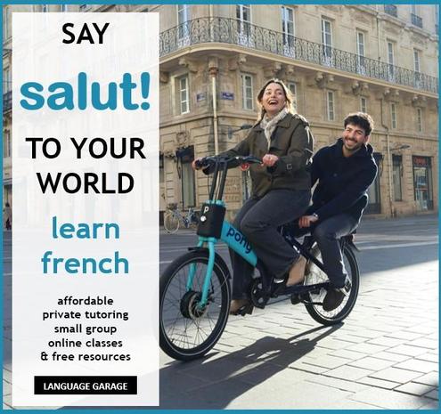 Online French tutoring, one-on-one lessons, small group classes, and free self study materials. Image of two people on a bike in Paris.