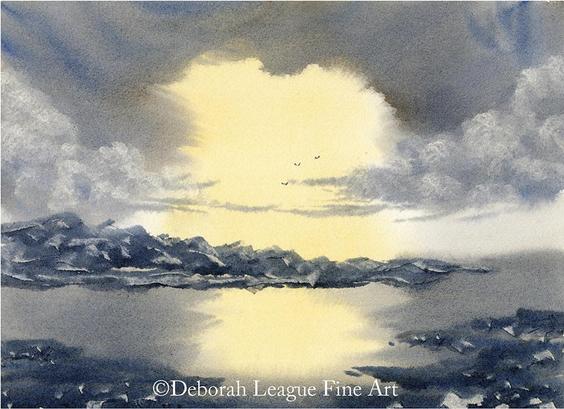 Somewhere far away and remote is a land of jagged mountain peaks dusted with snow. They surround a large grey ocean like a thorny crown and their foothills rush down to the cold water's edge. The pale yellow light of daybreak reflects on the water as it breaks through a receding night sky, broken by clouds and birds in flight.

Allow yourself be drawn into the painting by following the sun's reflection on the water deep into the landscape. Imagine the sounds such a vast and unspoiled location might produce - wind, waves, the rush of large bird wings overhead or their distant call. Feel the cold and sense the hope and renewal that each breaking dawn brings to even the most desolate of places. This is an image uncluttered with life's daily distractions. Use it for meditation and to relax and clear your mind.