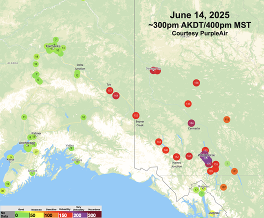Map of the Yukon Territory and southeast mainland Alaska about 3pm AKDT/4pm MST June 14, 2025 showing PM 2.5 based air quality from PurpleAir sensors.