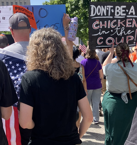 The protest sign says “Don’t Be A Chicken in the Coup”