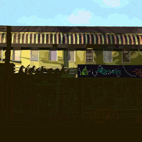 I spent this hour on colouring in the details behind the neon sign that says Kids Books.