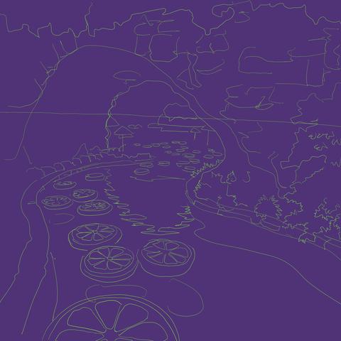 Purple background with a yellow outline of large lemon slices floating down a lazy river through a cave and to a tropical beach.