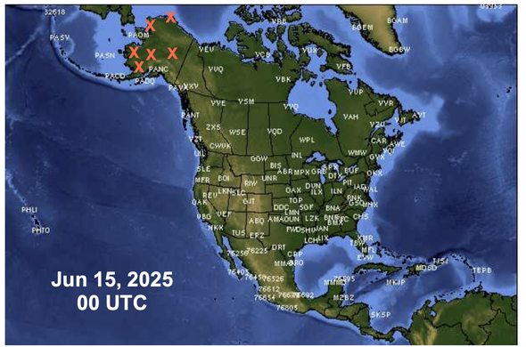 Map showing the available upper air observations available in North America 00 UTC June 15, 2025.Missing observations in Alaska are marked with an "X".