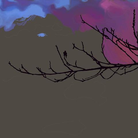 Now the plum tree branches are a near black. The background has begun to take on colour: sky blue in one corner, warm pinks and purple in the other top corner. Many more colours and much blending to do.