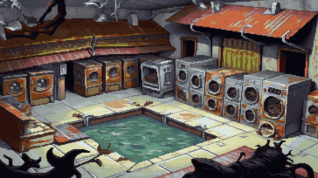 Pixel art of a forgotten lung, breathing only rust and regret, where hulking metal beasts slumber in a green-sickened sleep, their portholes like clouded eyes staring into a past swallowed by grime. The floor, a fractured mosaic of turquoise and decay, cradles a stagnant pool, a mirror reflecting the dim light as if holding a secret sorrow. A cryptic sign whispers from the wall, a ghost of purpose lost to the creeping tendrils of corrosion, while a network of pipes, like petrified veins, spiderwebs across the ceiling, weeping stains of forgotten industry. The air hangs thick with the scent of dissolved metal and the weight of silence, punctuated only by the imagined groan of ancient machinery, and a creeping organic mass, a dark promise of reclamation, pushes against the periphery, a silent invasion of the inorganic shell.