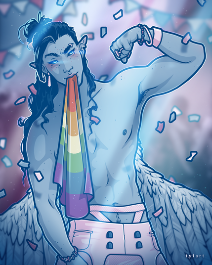 Digital drawing of my oc Isaiah flexing a bicep while holding a rainbow pride flag in his teeth, colorful confetti flying around.